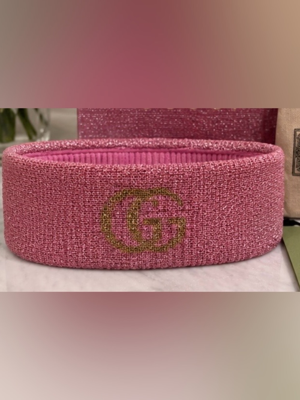 Gucci Metallic Knit GG Logo Headband – Pink & Gold